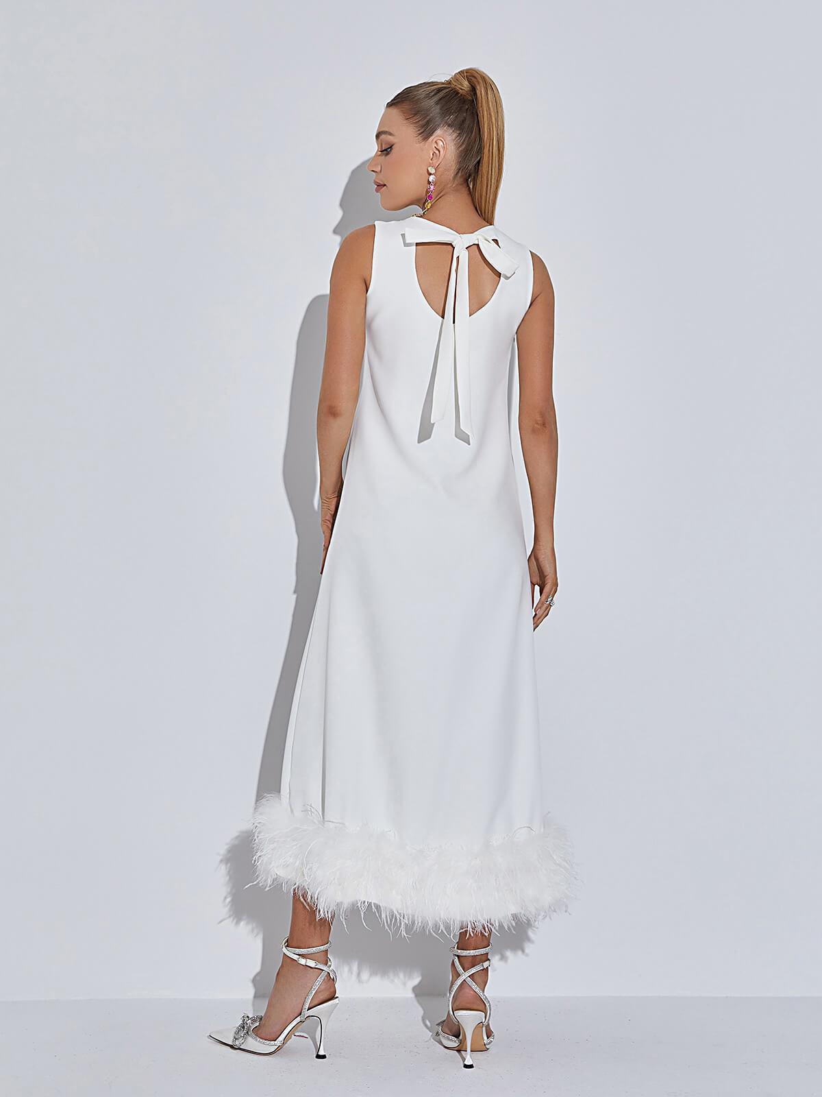 Crew Neck Shift Feather Hem Midi Dress 5