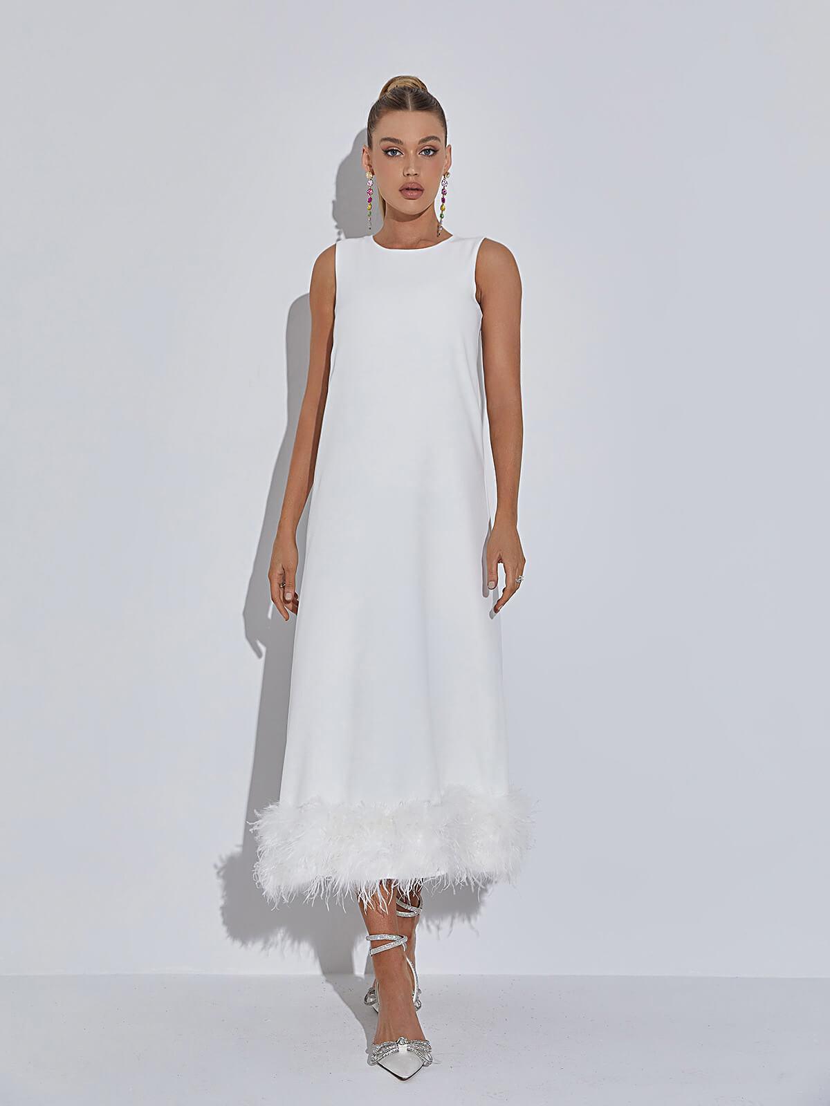 Crew Neck Shift Feather Hem Midi Dress