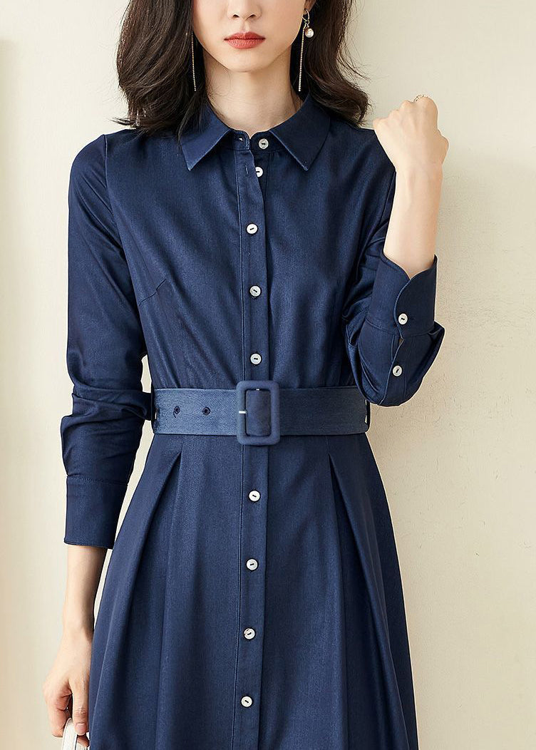 Peter Pan Collar Button Belt Pleated A-Line Midi Shirt Dress 5