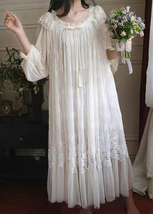 Scoop Neck Puff Sleeve Tassel Bow Lace Tiered Tulle Ruffle Maxi Gown
