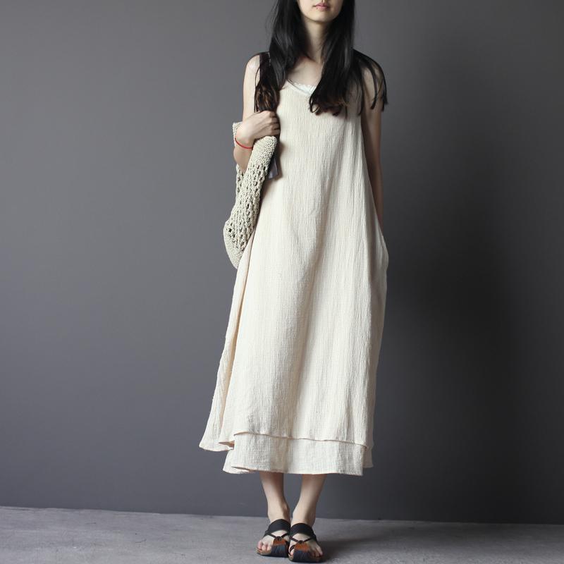 V-Neck Lace Trim Crinkle Double Layer Side Slit Sleeveless Maxi Dress
