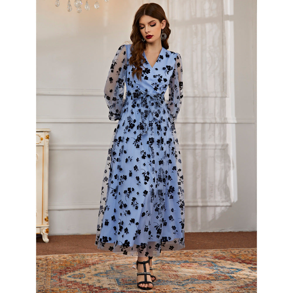 Wrap V Neck Tie Waist Sheer Floral Applique Long Sleeve Maxi Dress 6