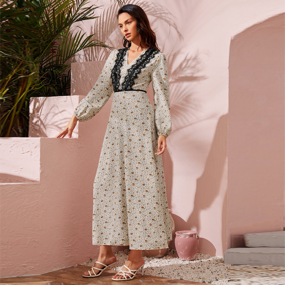 Deep V Lace Trim Ditsy Floral Bishop Sleeve Belted Maxi Dress