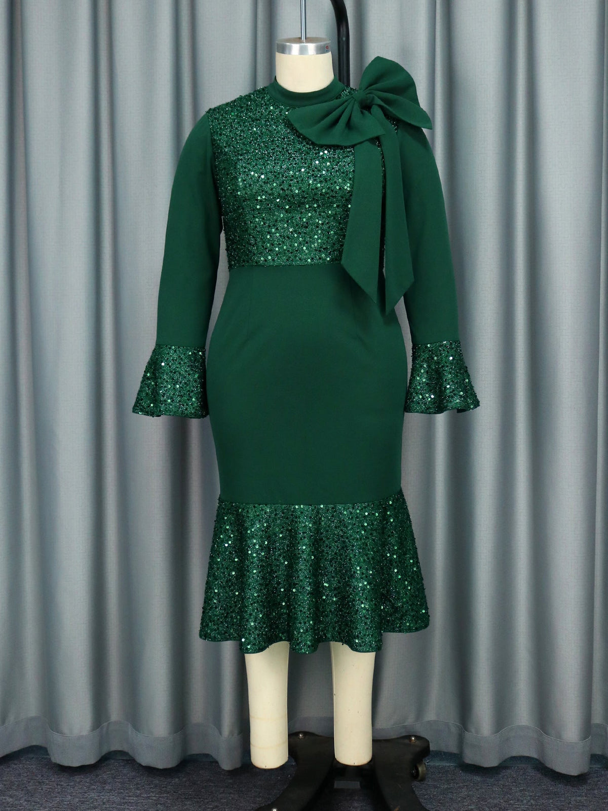 Mock Neck Shoulder Bow Sequin Yoke Bell Sleeve Mermaid Midi Dress 2