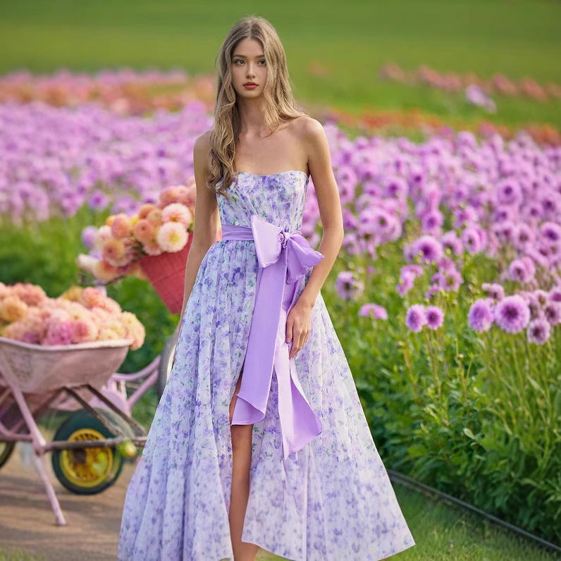 Purple Mesh Rose Print Halter Choker Ruched Mini Dress