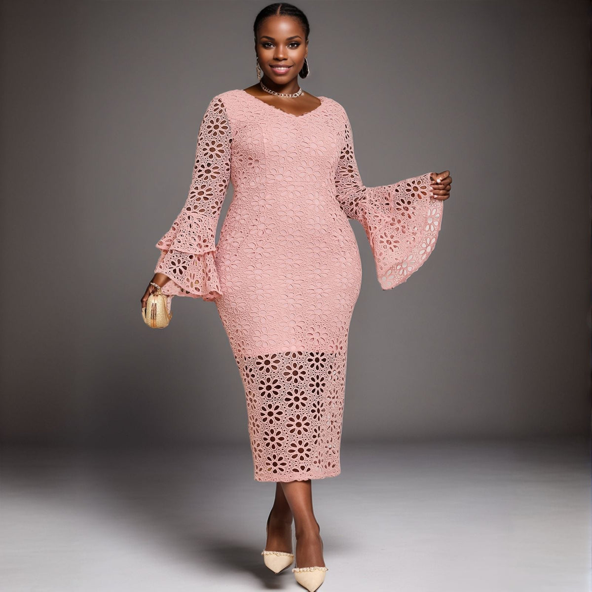 Eyelet Lace Bell Sleeve Scalloped Midi Dress