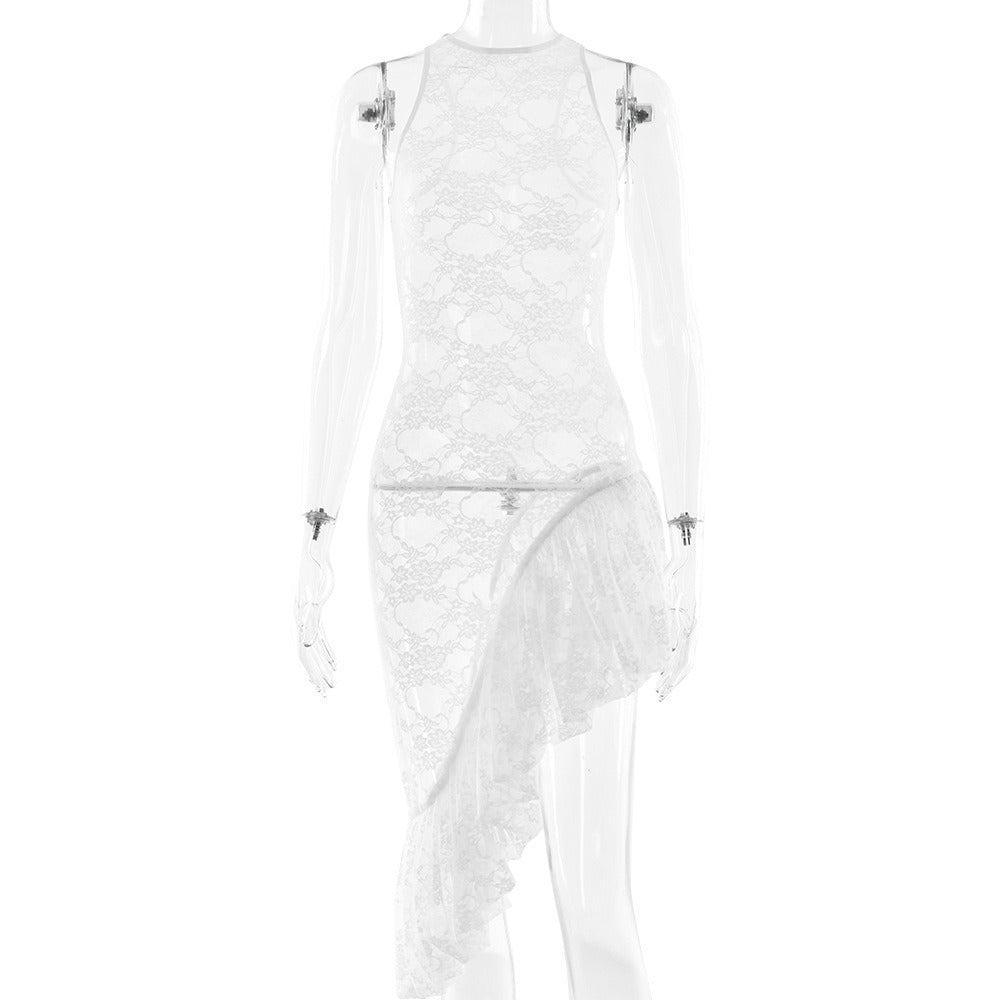 High Neck Sleeveless Sheer Floral Lace Ruffle Flounce High Slit Maxi Dress 10