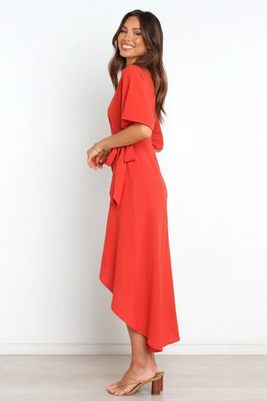 Deep V-Neck Flutter Sleeve Wrap Tie Waist High Low Hem Midi Dress 4