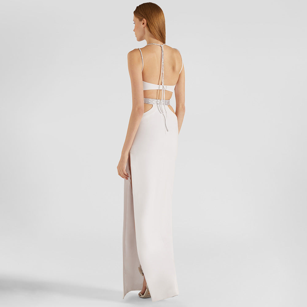 Rhinestone Strap Deep V-Neck Waist Cut Out High Split Bandage Maxi Dress 2