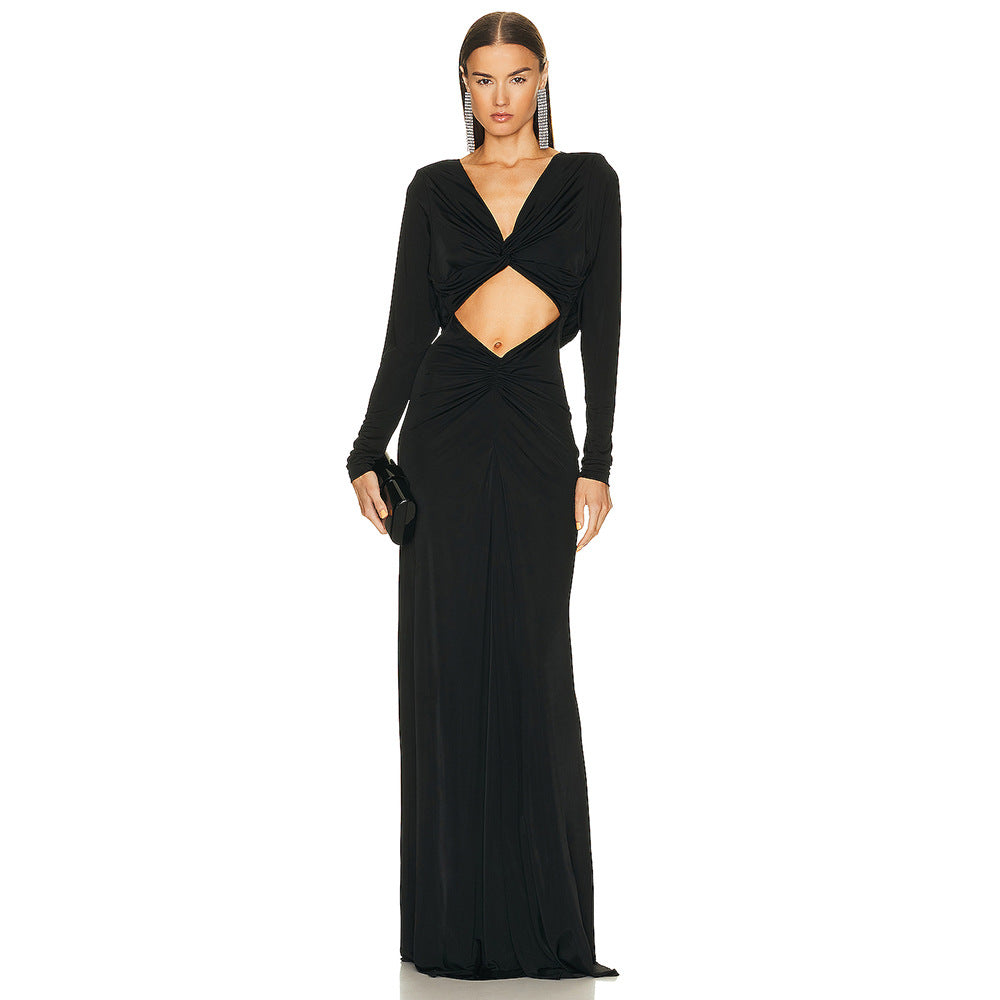Diamond Cutout Twist Front Knotted Waist Draped Sleeve Maxi Dress 4