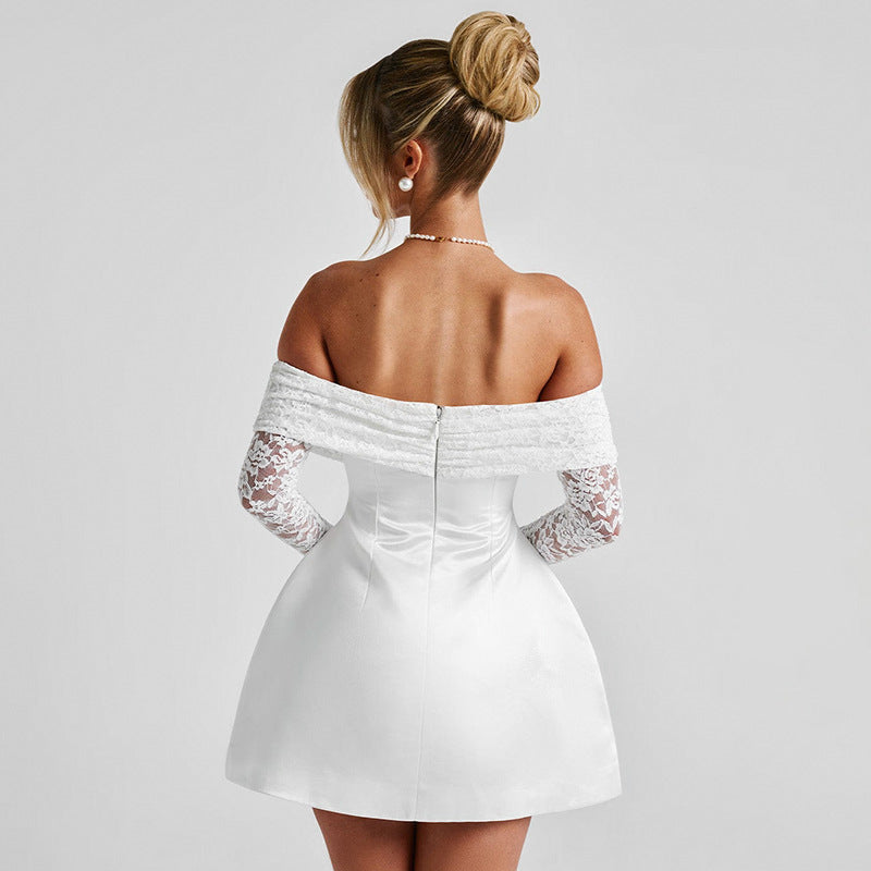 Off Shoulder Lace Sleeve Satin Fit and Flare Mini Dress 2