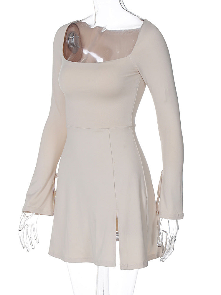 Square Neck Long Sleeve Tie Cuff Slit Knit Mini Dress 5