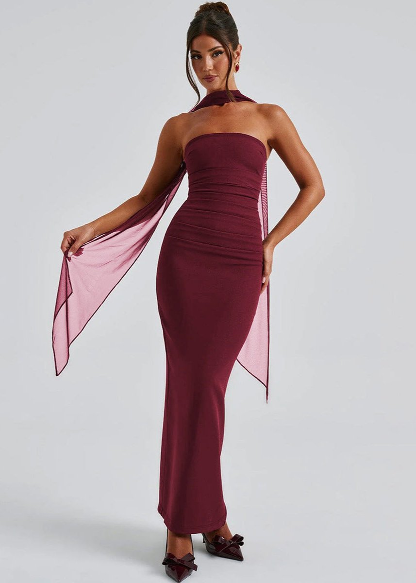 Strapless Horizontal Ruched Band Neck Scarf Detail Bodycon Maxi Dress 3