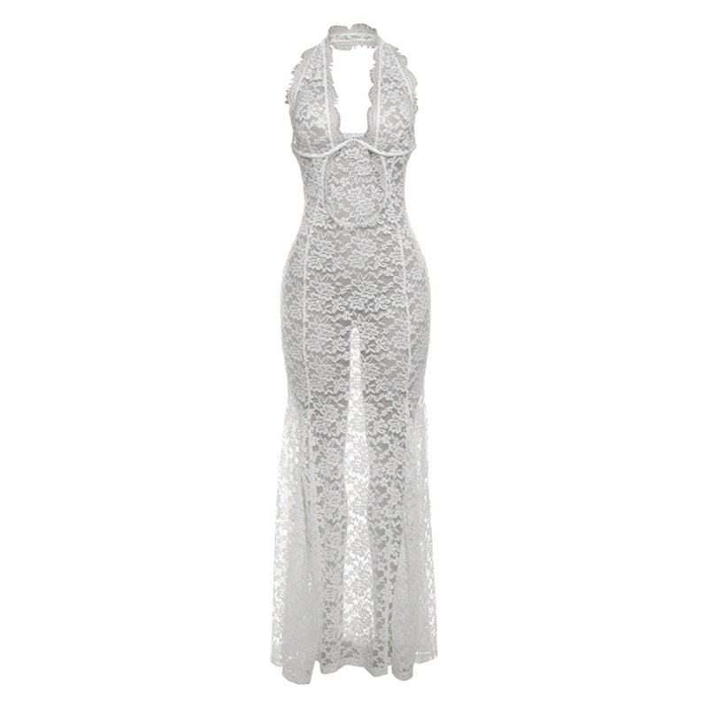 Floral Lace Halter Midriff Cutout Mermaid Trumpet Maxi Gown 5