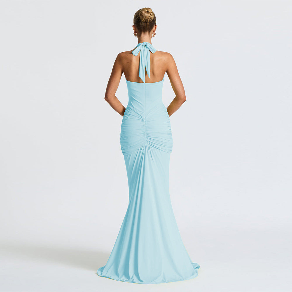 Halter Deep V Ruched Hip Gather Front Panel Drape Maxi Gown 2
