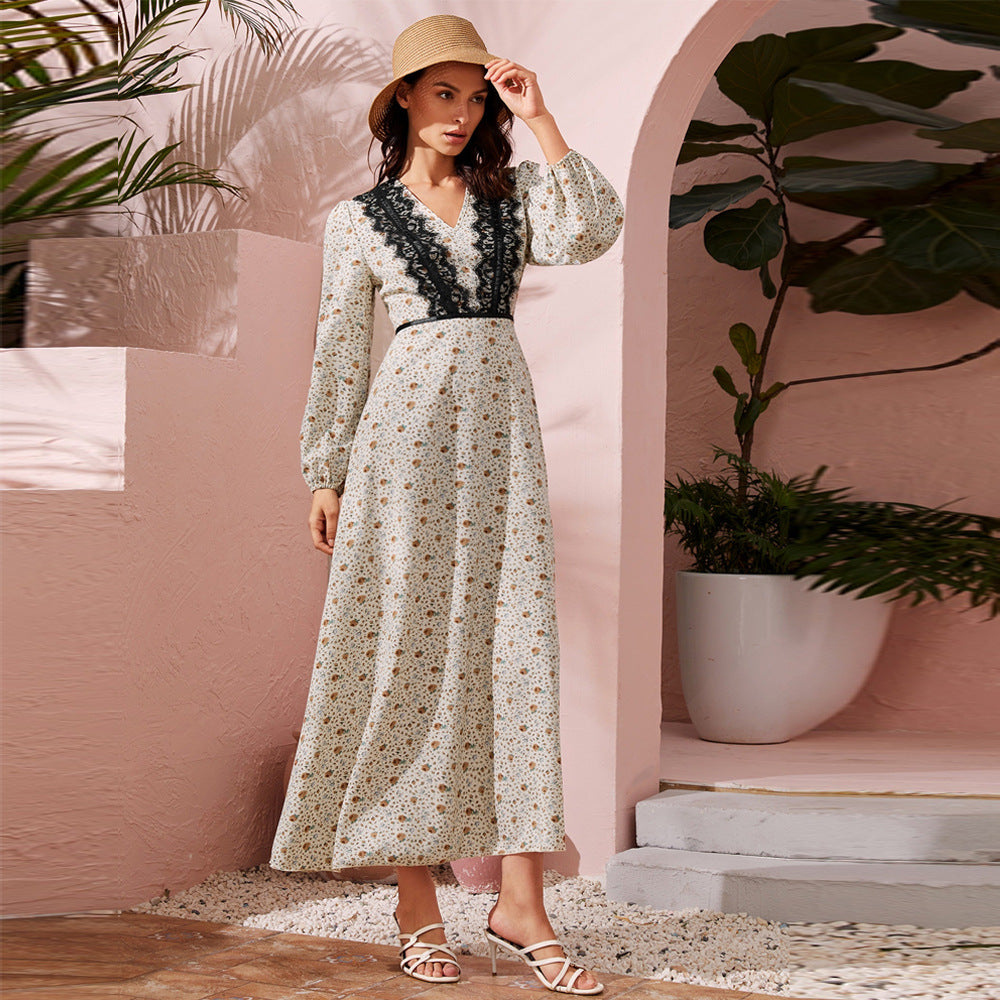 Deep V Lace Trim Ditsy Floral Bishop Sleeve Belted Maxi Dress 5