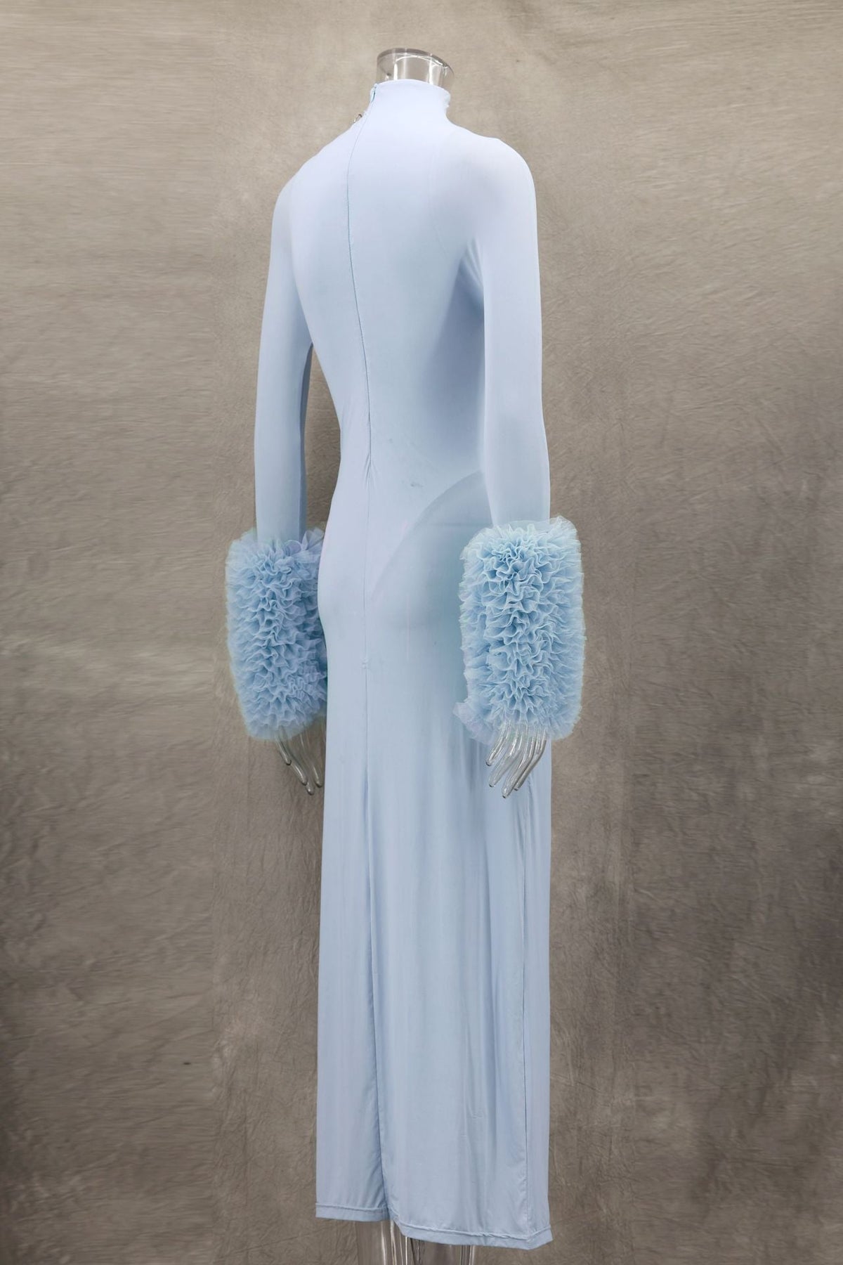 Mock Neck Ribbed Knit Oversized Ruffle Cuff Column Maxi Gown 12
