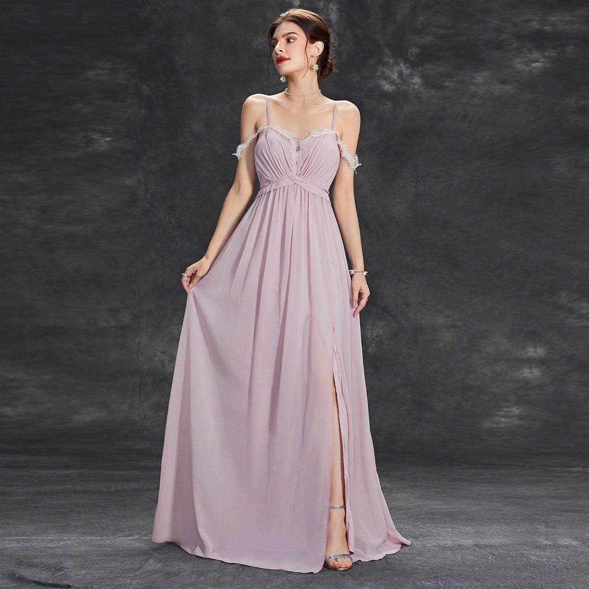Cold Shoulder Lace Trim Sweetheart Ruched Empire Waist Thigh Slit Chiffon Maxi Gown 2