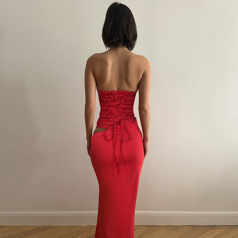 Strapless Corset Bodice Draped Column Maxi Gown Two-Piece Look 5