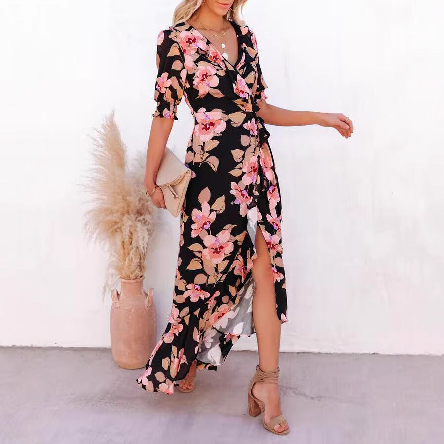 Floral Print Wrap V-Neck Puff Sleeve Ruffle Trim High-Low Maxi Dress 3