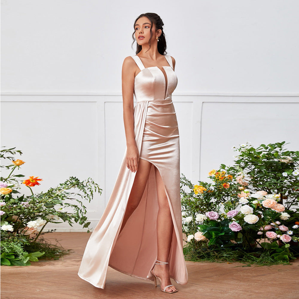 Square Neck Vertical Cutout Ruched Satin High Slit Drape Panel Maxi Gown 2