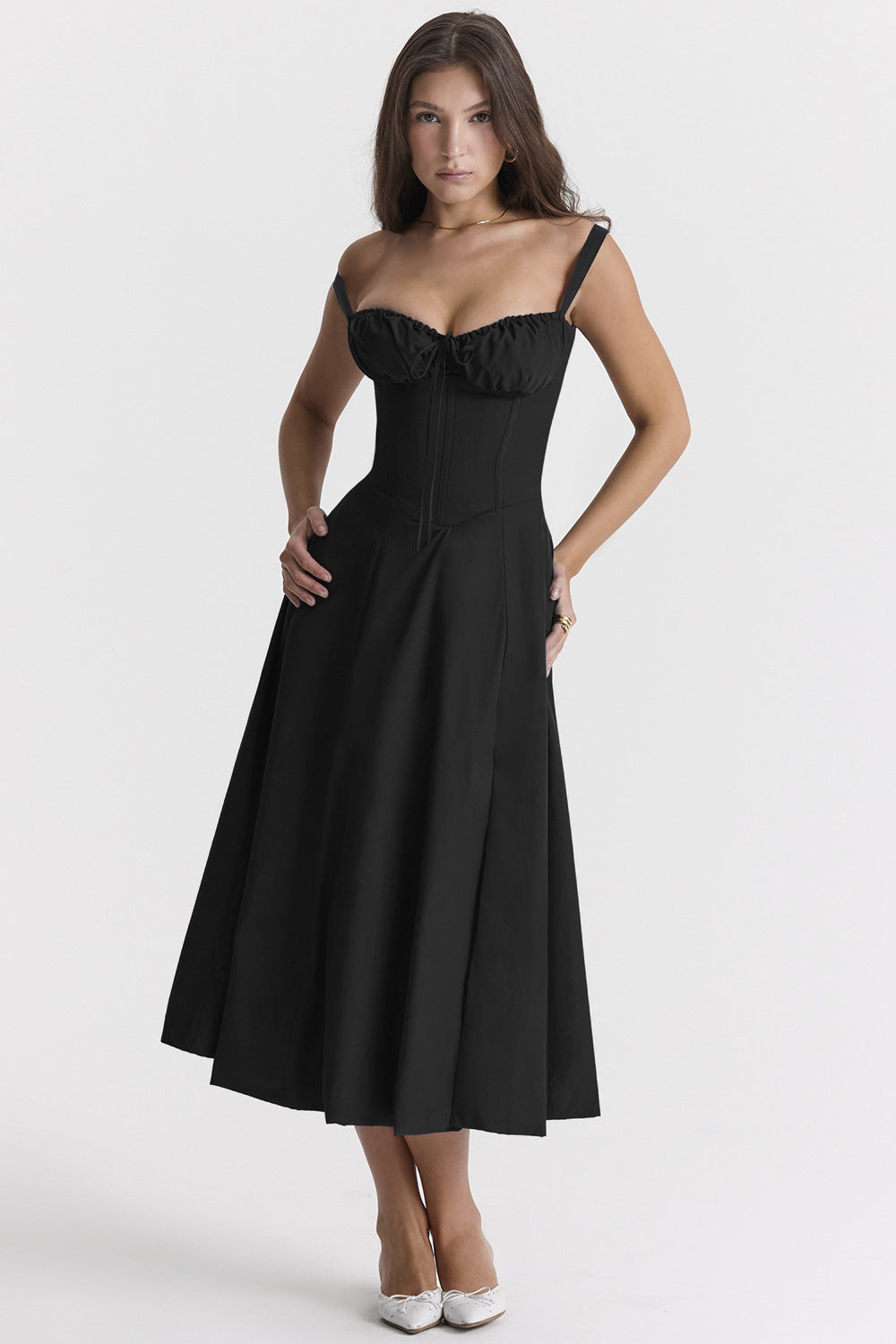Floral Lace Up Back Spaghetti Strap Corset Fit and Flare Midi Dress 22