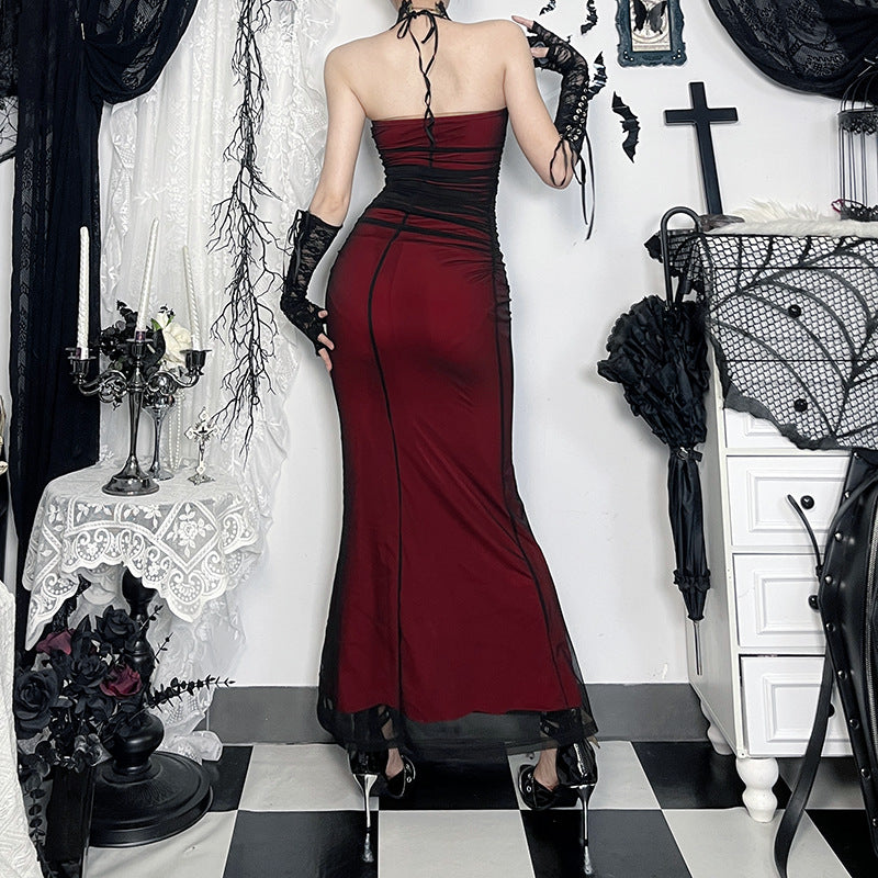 Contrast Mesh Sweetheart Lace Up Halter Ruched Bodycon Maxi Dress 5