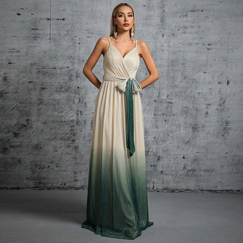 Pleated Metallic Spaghetti Strap Surplice Bow Tie Waist Ombre Maxi Gown