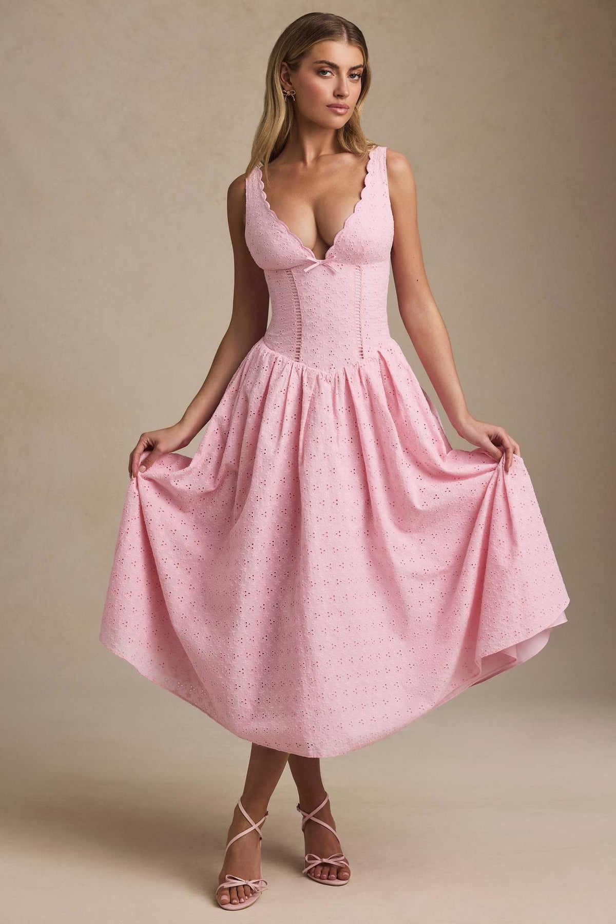 Eyelet Lace Deep V Bow Front Corset Bodice Full Skirt Midi Dress