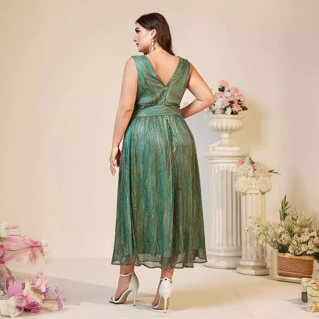 Deep V Neck Wrap Bodice Gathered Waist Shimmer Pleated Midi Dress 4