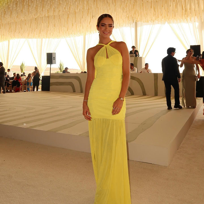 Halter Keyhole Ruched Bustier Mesh Skirt Column Maxi Gown