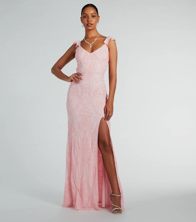 Sequin Beaded Floral Flutter Strap Deep V-Neck High Slit Maxi Gown 3