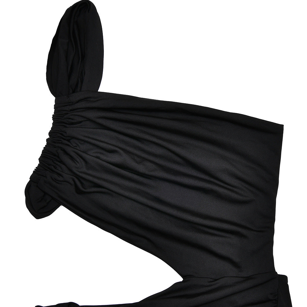 One Shoulder Triangular Cutout Ruched Hip Twist Drape Maxi Dress 7