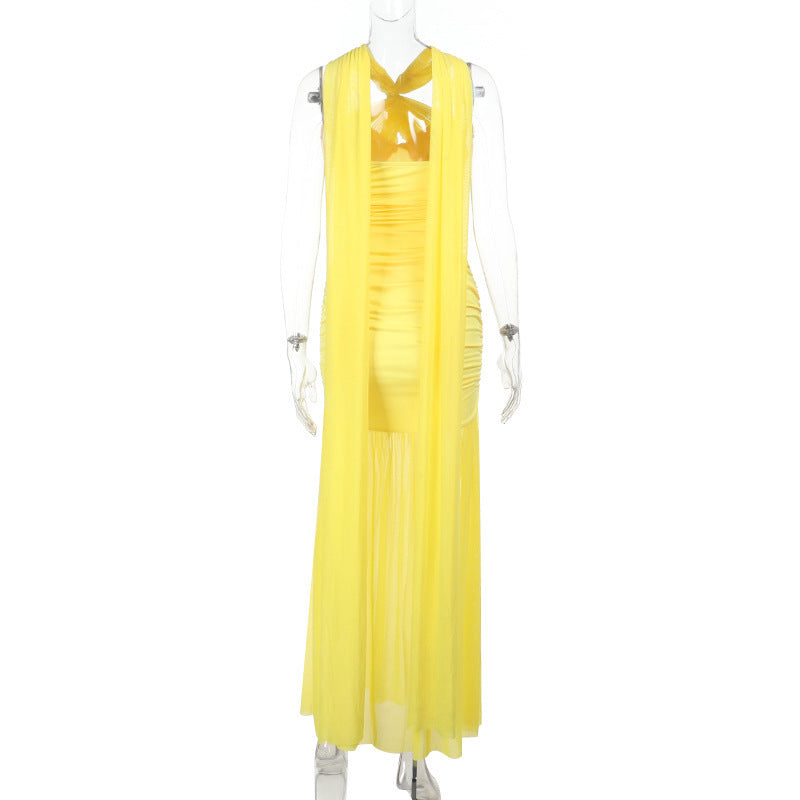Halter Keyhole Ruched Bustier Mesh Skirt Column Maxi Gown 10