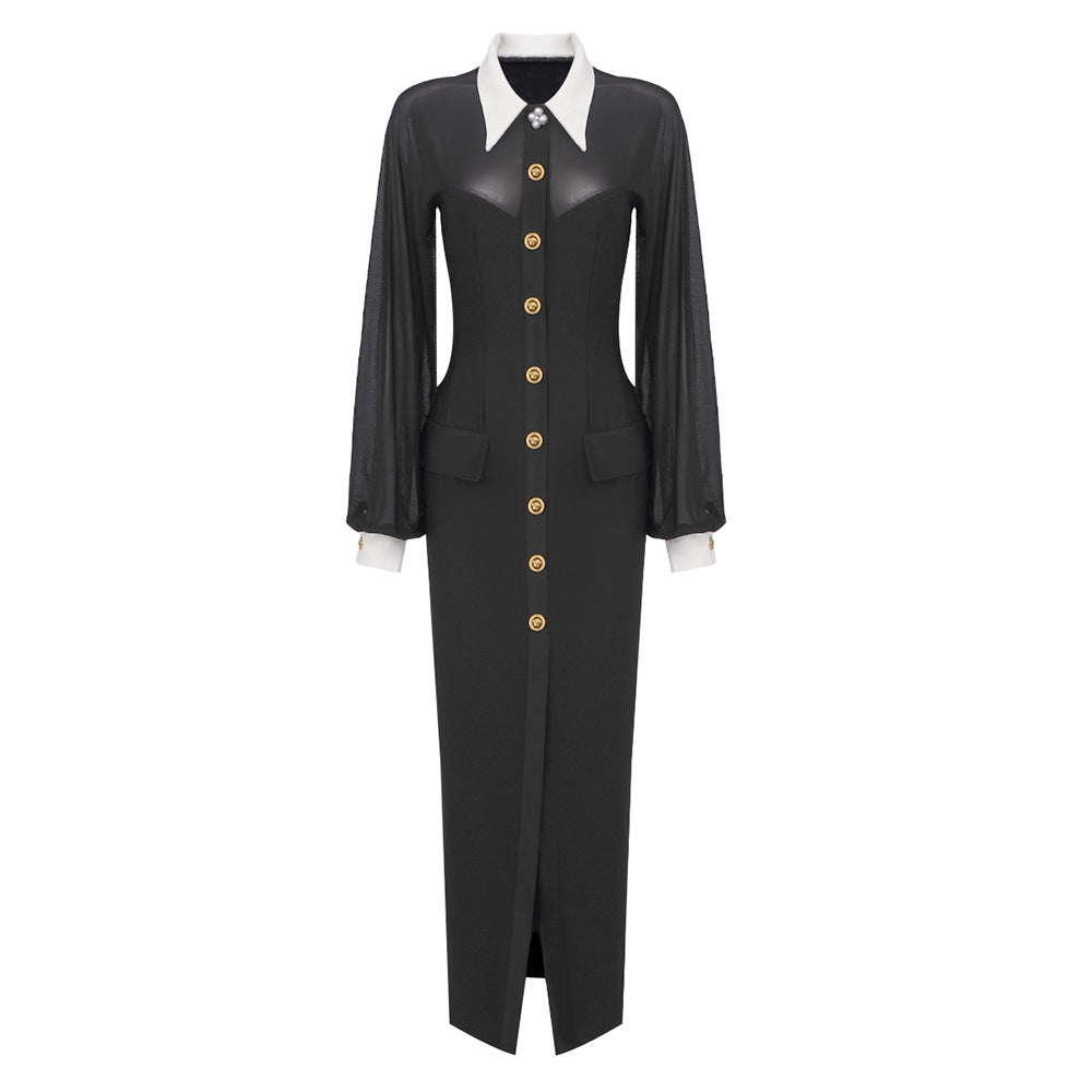 Mesh Puff Sleeve Pointed Collar Button Front High Slit Maxi Dress 2