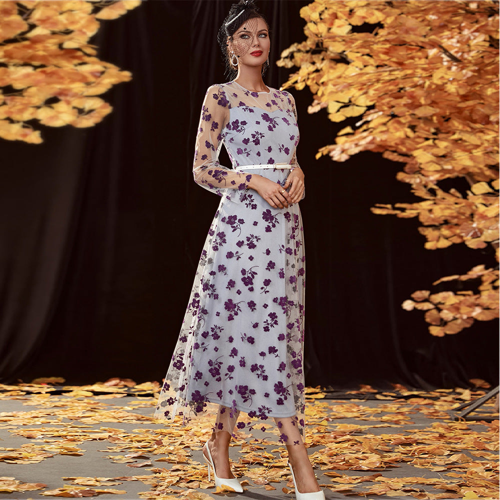 Floral Embroidered Mesh Overlay Belted A-Line Maxi Dress