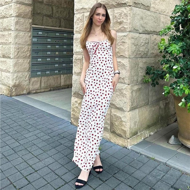 Ditsy Floral Print Spaghetti Strap Sweetheart Ruffle Trim Slip Maxi Dress 4