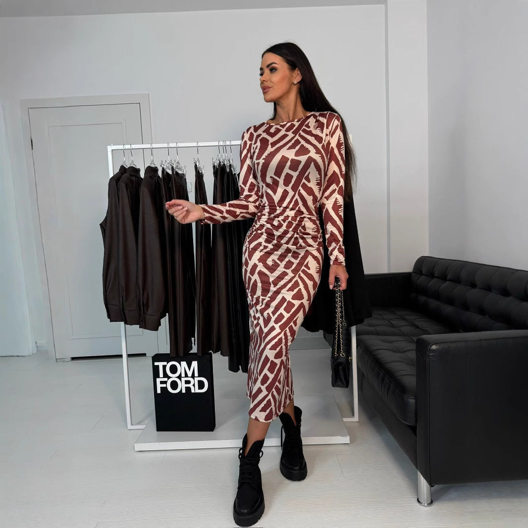 Abstract Chain Link Print Long Sleeve Crew Neck Side Ruched Bodycon Midi Dress