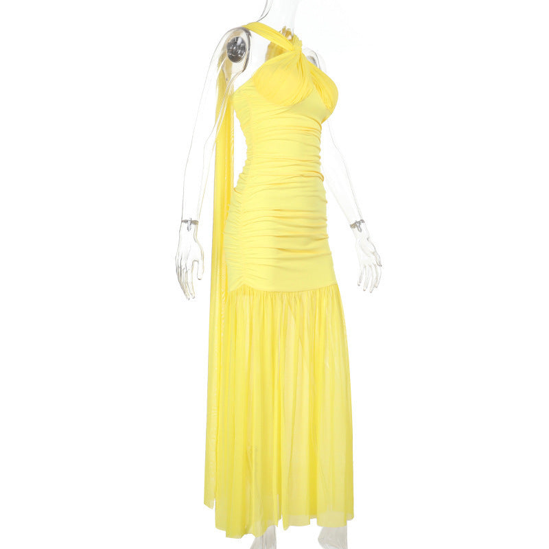 Halter Keyhole Ruched Bustier Mesh Skirt Column Maxi Gown 11