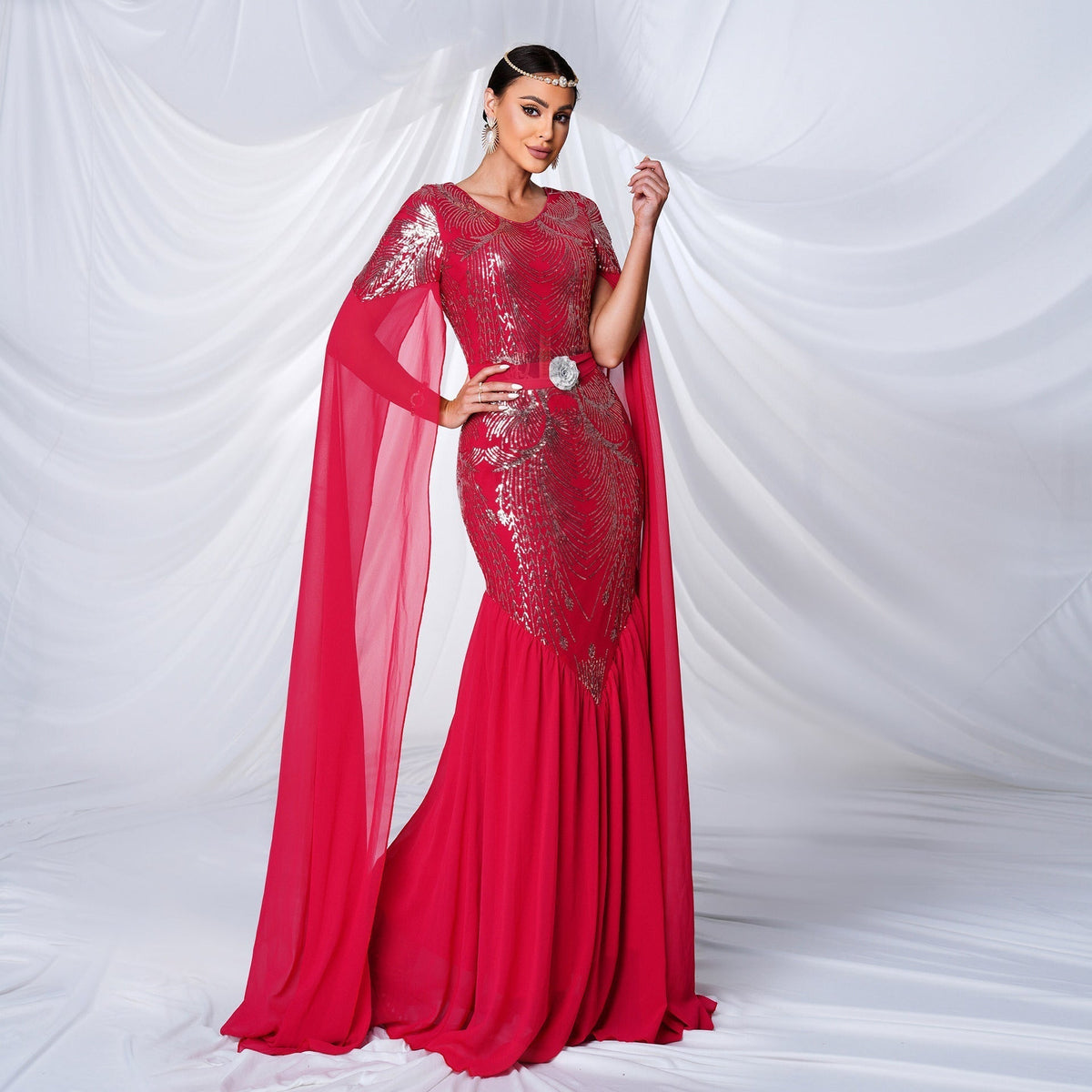 Sequin Feather Motif Belt Cape Sleeve Mermaid Maxi Gown 3