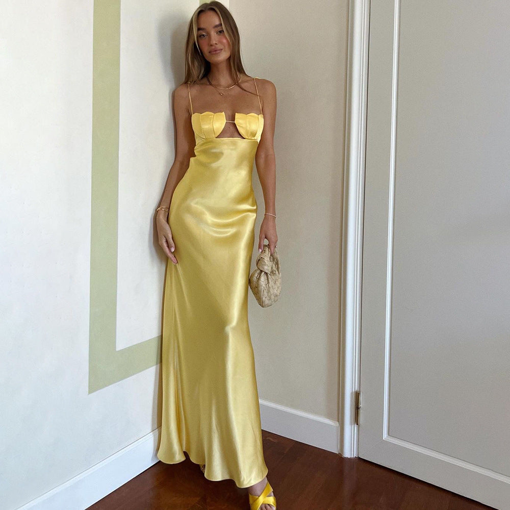 Satin Shell Cup Cutout Spaghetti Strap Column Maxi Gown