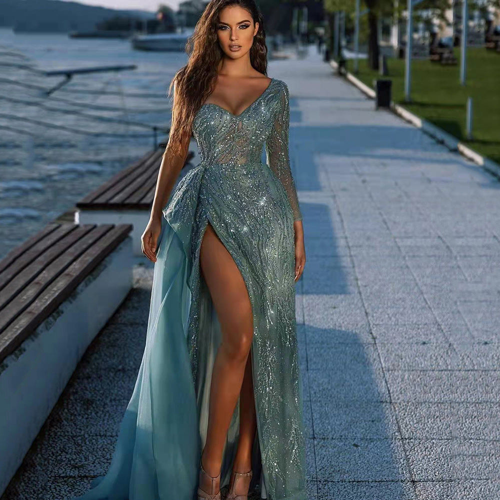One-Shoulder Sequin Swirl Pattern High Slit Tulle Train Maxi Gown