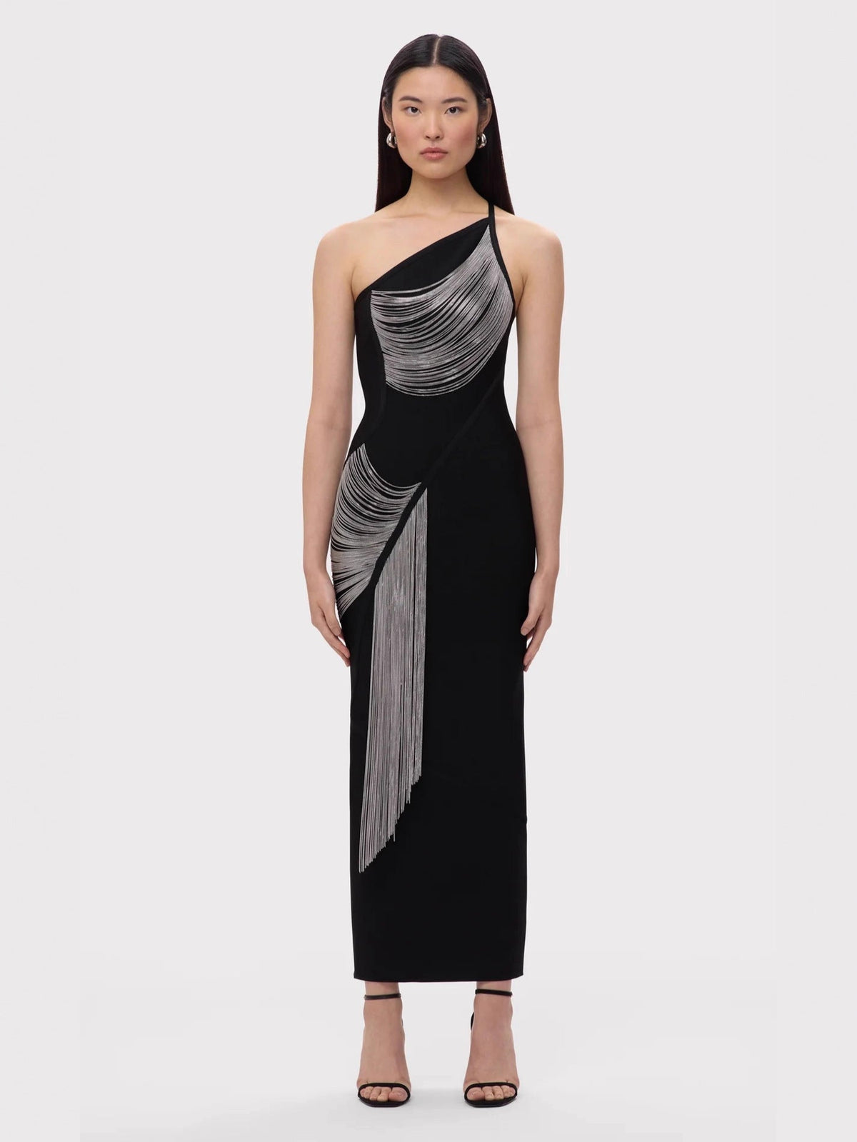 One Shoulder Metallic Chain Fringe Drape Column Maxi Gown