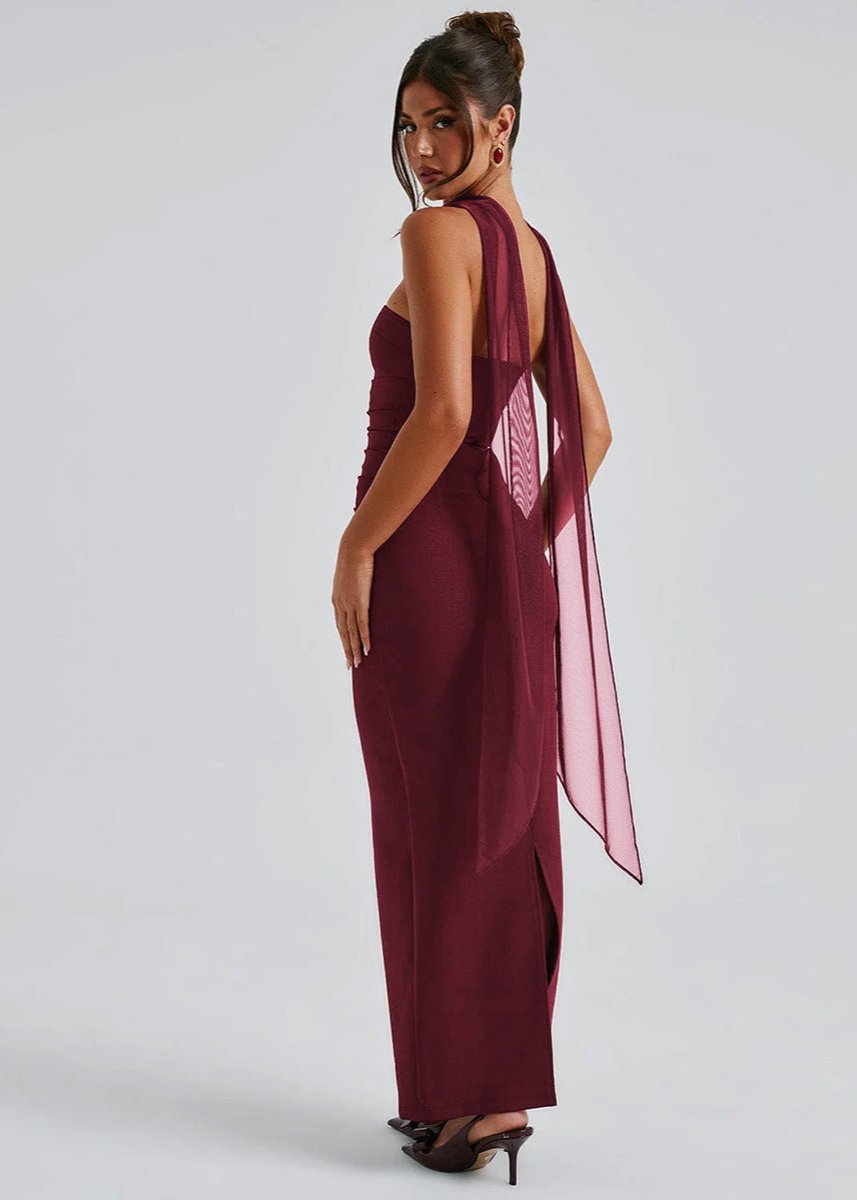 Strapless Horizontal Ruched Band Neck Scarf Detail Bodycon Maxi Dress 4