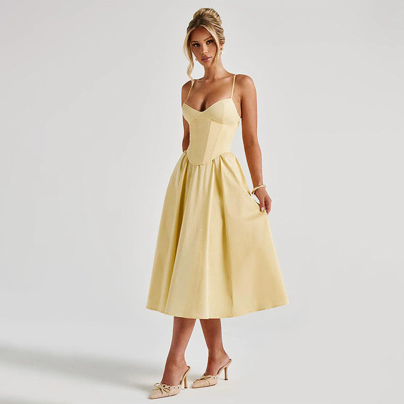 Sweetheart Spaghetti Strap Corset Bodice Pleated Pocket Midi Dress 2