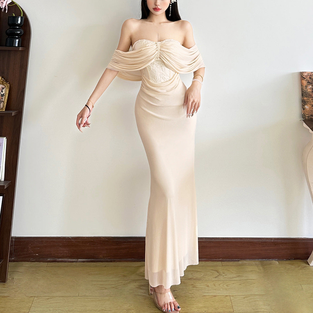 Off Shoulder Draped Lace Panel Sweetheart Floor Length Maxi Gown 8
