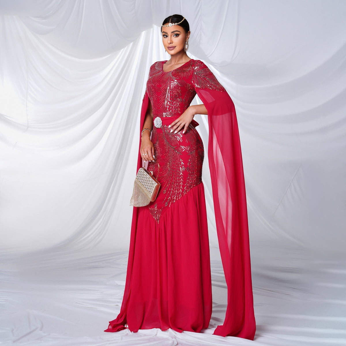 Sequin Feather Motif Belt Cape Sleeve Mermaid Maxi Gown 4