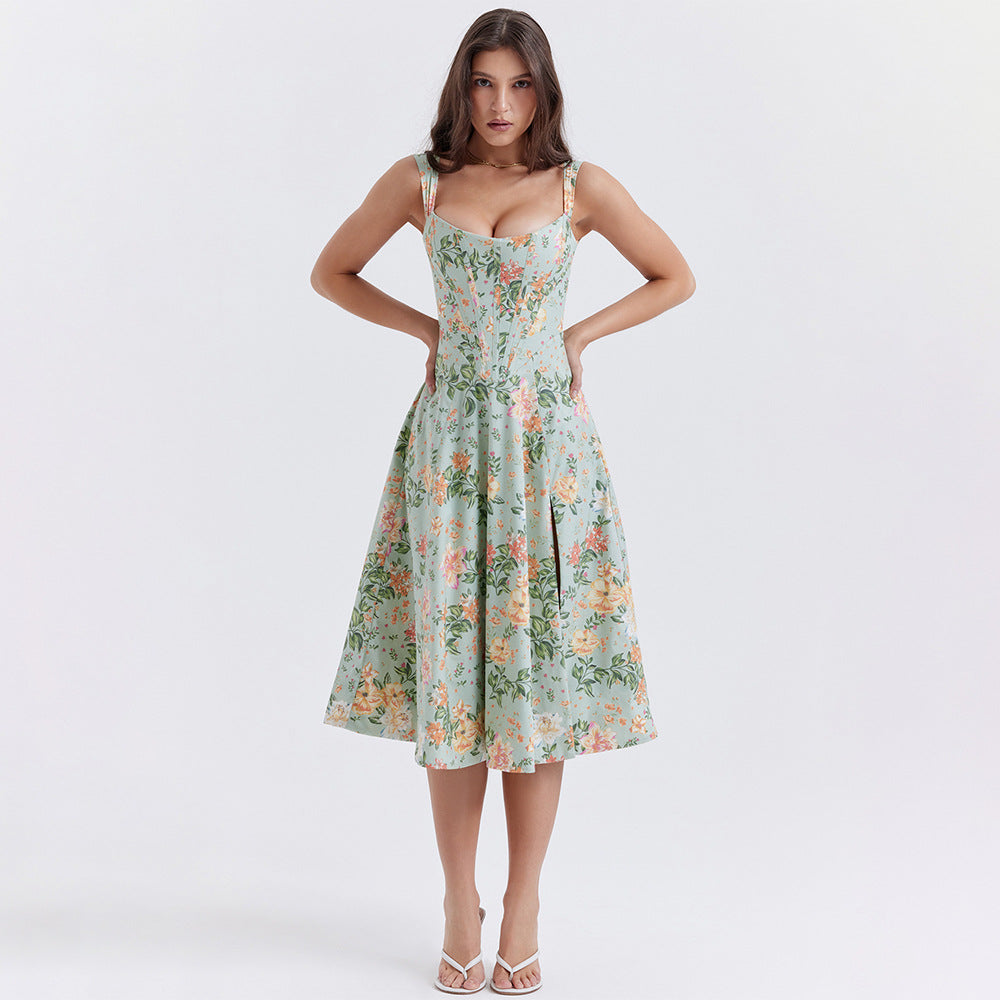 Floral Print Corset Boning Scoop Neck Tank Strap Side Slit A-Line Midi Dress 2