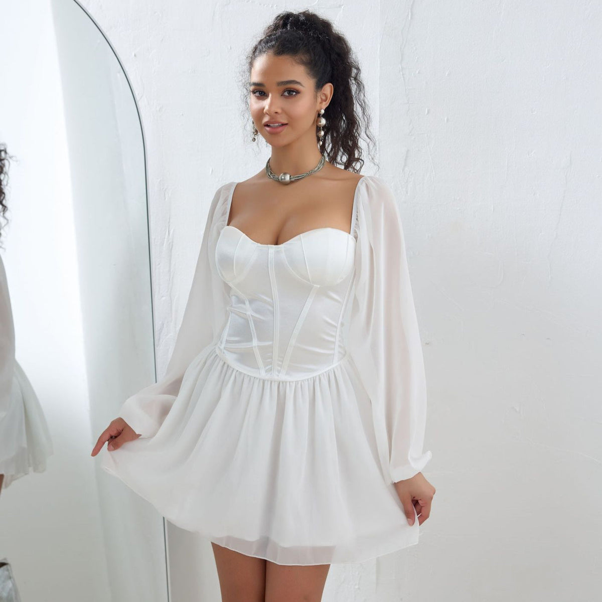 Sweetheart Corset Puff Sleeve Mesh Overlay Mini Dress 3