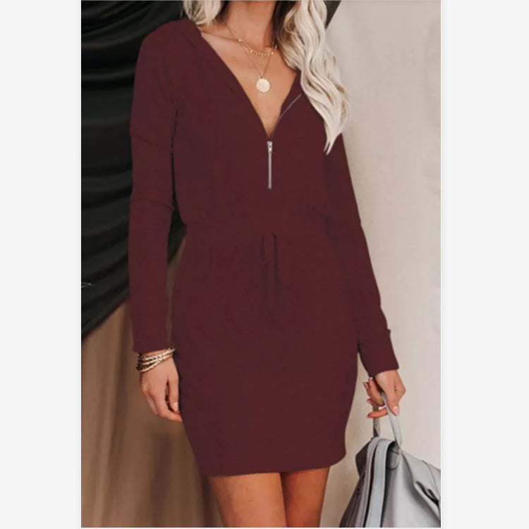 Hooded Quarter Zip Drawstring Waist Mini Sweater Dress 2